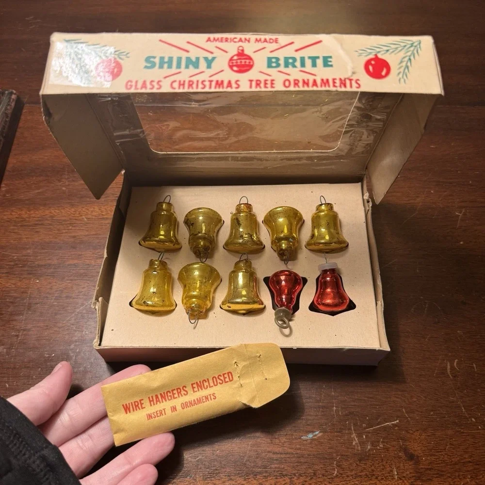 Vintage Shiny Brite Glass Tree Ornaments Bells ~ 8 Gold, 2 Red ~ 2 Wire Hangers